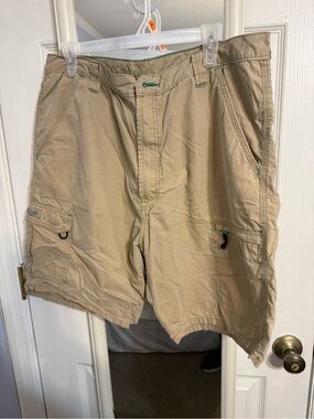 Wrangler Tan Cargo Shorts with Green Stitch Accents